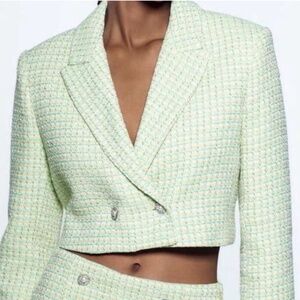 Zara Cropped Tweed Textured Jacket/Blazer Green Small NWT Office Academia Preppy